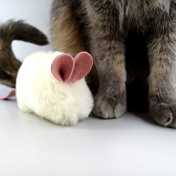Real Sheepskin Catnip Mouse Toy – Pink Ears & Tail - Rattle Option
