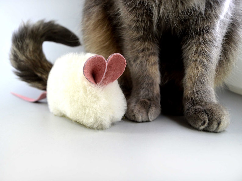 Catnip Mouse Cat Toy with Pink Ears and Tail, Rattle Cat Toy, Big Cat Toy, Wool Cat Toy, Rattle Option image 1