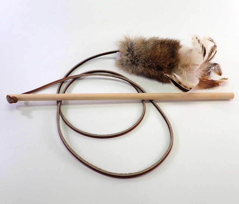 Rabbit Fur and Feathers Cat Toy Wand, Wooden Handle Teaser Toy, Rattle Cat Toy, Real Rabbit Fur Cat Toy image 9