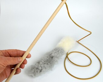 Sheepskin Cat Teaser Toy – Flying Squirrel with Grey Tail and Wooden Wand