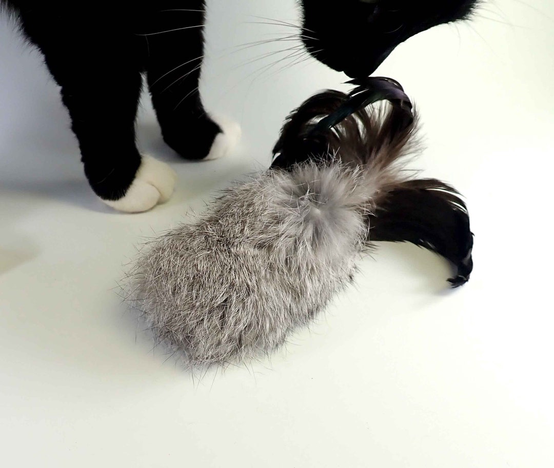 NEW COLOR Grey Real Rabbit Fur Cat Toy, Feather Cat Toys, Fetch Cat Toy