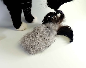 NEW COLOR Grey Real Rabbit Fur Cat Toy, Feather Cat Toys, Fetch Cat Toy, Rattle Cat Toy