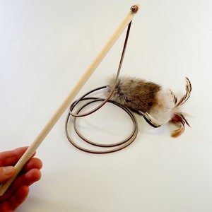 Rabbit Fur and Feathers Cat Toy Wand, Wooden Handle Teaser Toy, Rattle Cat Toy, Real Rabbit Fur Cat Toy image 3