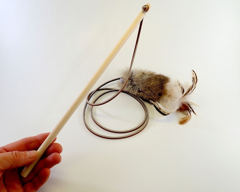 Rabbit Fur and Feathers Cat Toy Wand, Wooden Handle Teaser Toy, Rattle Cat Toy, Real Rabbit Fur Cat Toy image 3