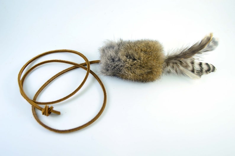 Rabbit Fur and Feathers Cat Toy, Ethical Fur, Fetch Toy, Teaser Toy, Rattle Cat Toy, Real Rabbit Fur Cat Toy image 7