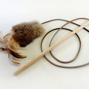 Rabbit Fur and Feathers Cat Toy Wand, Wooden Handle Teaser Toy, Rattle Cat Toy, Real Rabbit Fur Cat Toy image 1