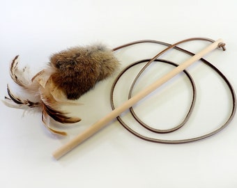 Rabbit Fur and Feathers Cat Toy Wand, Wooden Handle Teaser Toy, Rattle Cat Toy, Real Rabbit Fur Cat Toy