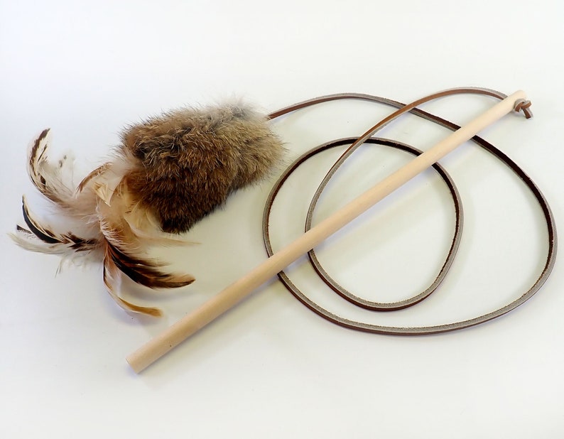 Rabbit Fur and Feathers Cat Toy Wand, Wooden Handle Teaser Toy, Rattle Cat Toy, Real Rabbit Fur Cat Toy image 1