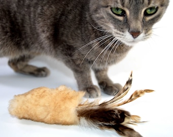 Flutter Stick, Feather Cat Toy, Sheepskin Fetch Toy, Sheepskin with Feathers, Rattle Cat Toy, Add a Lace for Teaser Toy