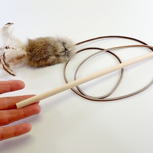 Rabbit Fur and Feathers Cat Toy Wand, Wooden Handle Teaser Toy, Rattle Cat Toy, Real Rabbit Fur Cat Toy image 8