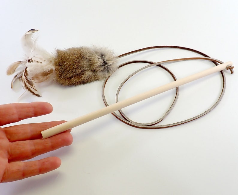 Rabbit Fur and Feathers Cat Toy Wand, Wooden Handle Teaser Toy, Rattle Cat Toy, Real Rabbit Fur Cat Toy image 8