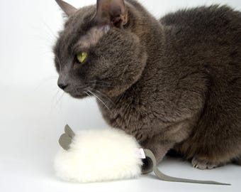 Natural Sheepskin Catnip Mouse Toy – Big with Grey Ears & Tail