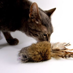 Rabbit Fur and Feathers Cat Toy, Ethical Fur, Fetch Toy, Teaser Toy, Rattle Cat Toy, Real Rabbit Fur Cat Toy image 1