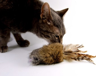 Rabbit Fur and Feathers Cat Toy, Ethical Fur, Fetch Toy, Teaser Toy, Rattle Cat Toy, Real Rabbit Fur Cat Toy