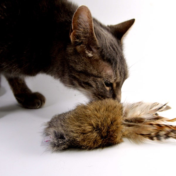 Rabbit Fur and Feathers Cat Toy, Ethical Fur, Fetch Toy, Teaser Toy, Rattle Cat Toy, Real Rabbit Fur Cat Toy