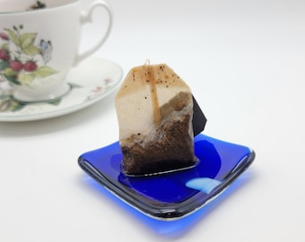 Blue Glass Tea Bag Dish, 3 Inch Spoon Rest, Engagement Ring Dish, Tiny Glass Trinket Dish