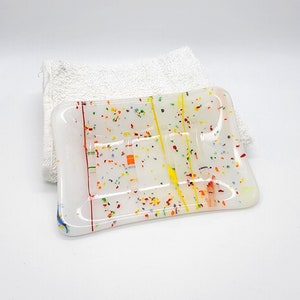 Handmade Glass Soap Dish -  White With Rainbow Confetti