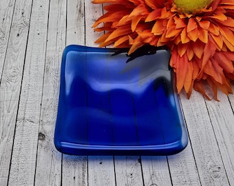 Porta-sachês de chá em vidro azul cobalto transparente, descanso de colher de 7,6 cm, porta-anel de noivado, pequeno porta-joias de vidro