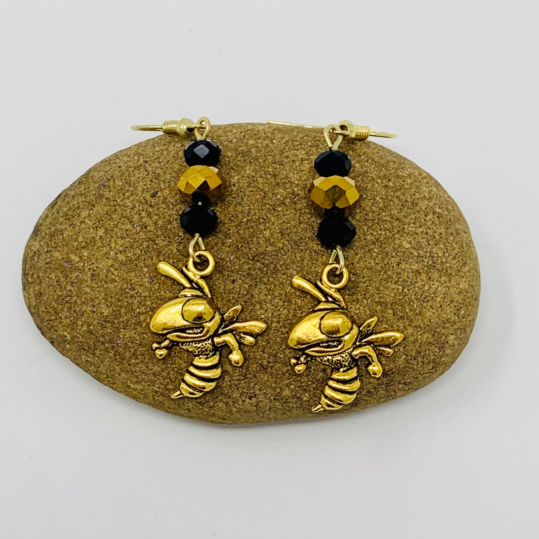 Short Shiny Black and Gold Yellow Jacket Beaded Charm Earrings Yellow