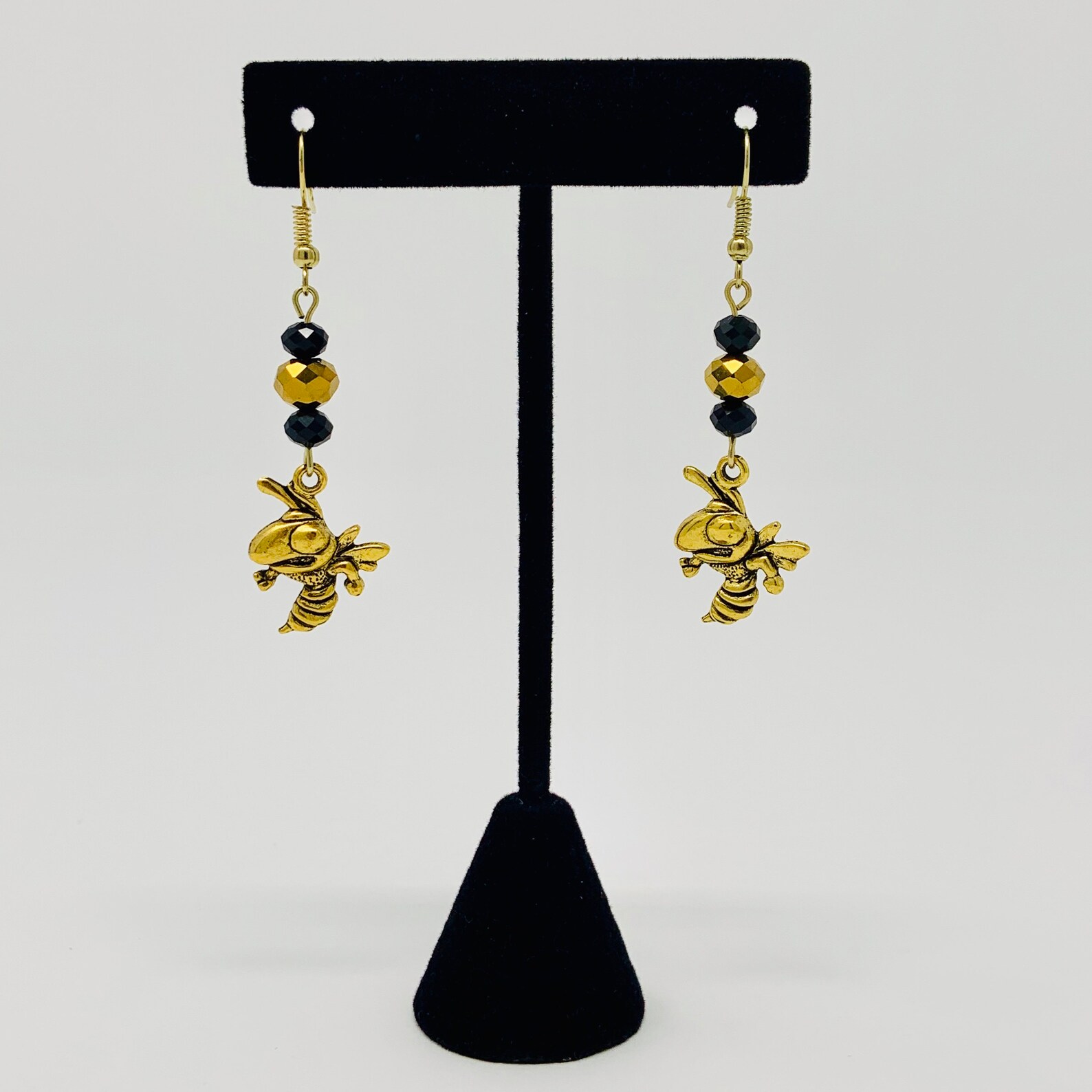 Short Shiny Black and Gold Yellow Jacket Beaded Charm Earrings Yellow