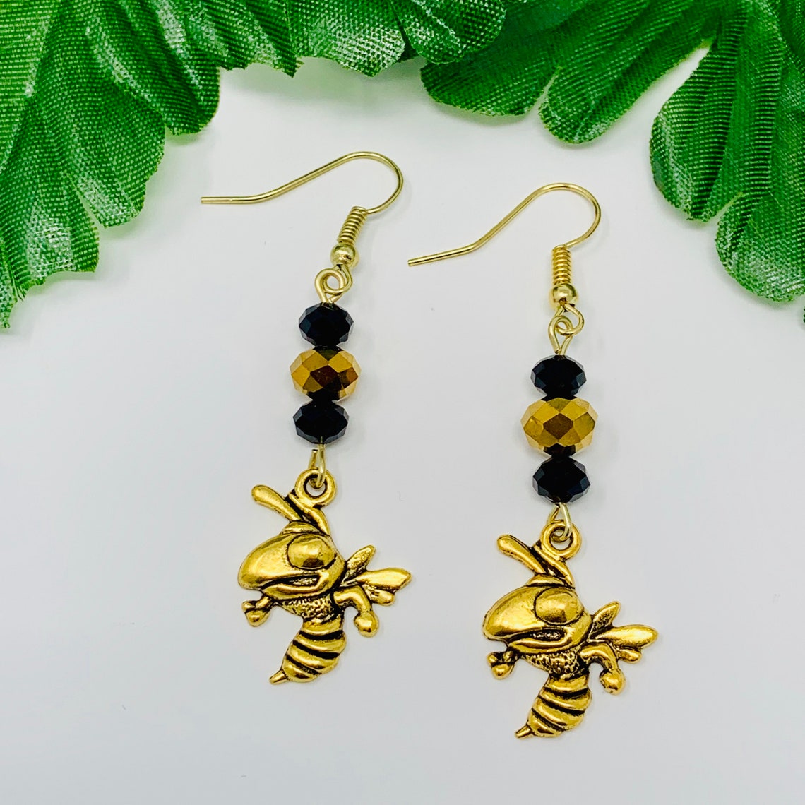Short Shiny Black and Gold Yellow Jacket Beaded Charm Earrings Yellow
