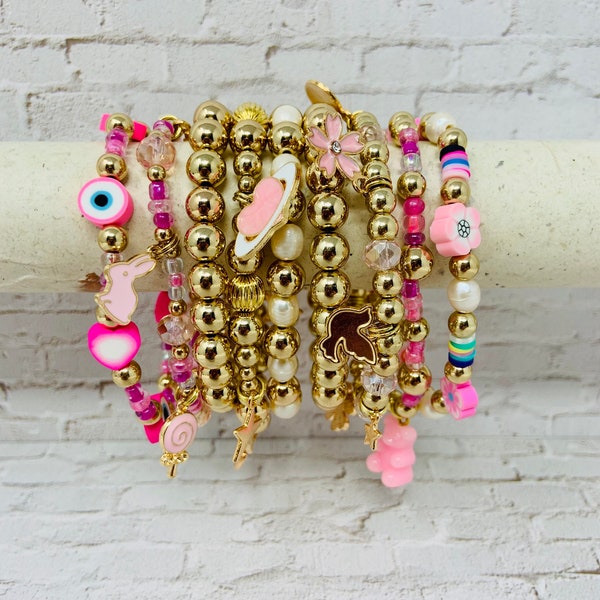 Gold and Pink Pastel Stretch Bracelets - beaded bracelet - pink bracelet - gold bracelet - pink and gold jewelry - stretch bracelet -jewelry
