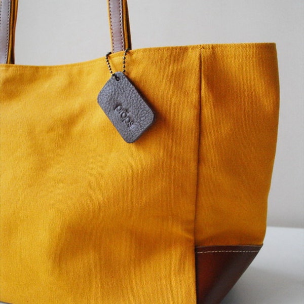 Mustard Canvas Tote Bag Genuine Organic Tanned Leather Handle and Bottom