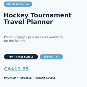 Planificateur de voyage pour tournoi de hockey, modèle PDF et Excel imprimable pour gestionnaire d'équipe, chambres d'hôtel, calendrier des matchs, budget et bagages