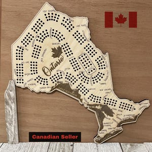 cribbagebord Ontario, handgemaakte houten kaart cribbagespel, cadeau Canada-thema, lasergegraveerd met steden en monumenten, uniek cadeau