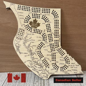 Brits-Columbia cribbagebord, handgemaakte houten kaart cribbagespel, cadeau Canada-thema, lasergegraveerd met steden en monumenten, uniek