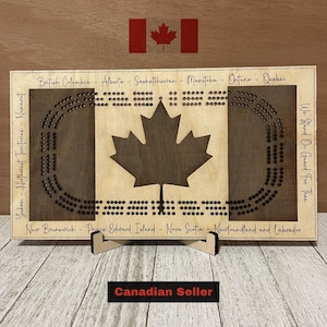 Canadese vlag cribbagebord, handgemaakte houten vlag cribbagespel, cadeau Canada-thema, lasergegraveerd met provincies en territoria, uniek