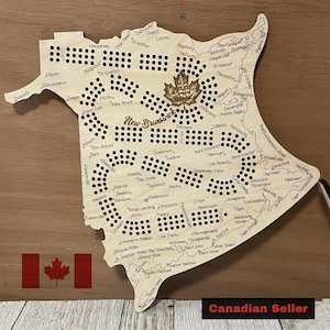 New Brunswick cribbagebord, handgemaakte houten kaart cribbagespel, cadeau Canada-thema, lasergegraveerd met steden en monumenten, uniek cadeau