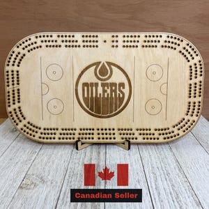 Planche de cribbage des Oilers d'Edmonton, jeu en bois fait main, objet de collection pour les amateurs de sport, idée cadeau unique, fête des pères, fête des mères, anniversaire, mariage