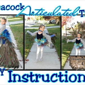 Può includere: Un bambino indossa un costume da pavone con un tutù blu e verde e una lunga coda articolata fatta di piume. Il costume fa parte di un progetto fai-da-te con istruzioni per realizzarlo. Il testo "Peacock Articulated Tail DIY Instructions" è visibile nella parte superiore dell'immagine.