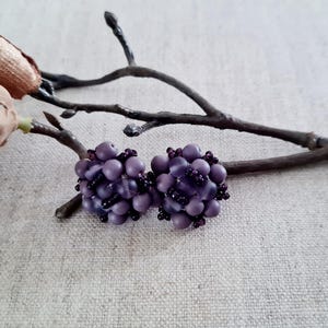 Op de afbeelding: Een paar ronde oorknopjes met clusters van matte paarse kralen afgewisseld met kleine, donkere, glanzende zwarte kralen. Het bolvormige ontwerp creëert een getextureerd, bessenachtig uiterlijk, waarbij elke kraal stevig is bevestigd om een compacte, cirkelvormige vorm te vormen.