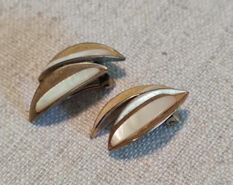 Gold-colored mother-of-pearl ear clips, 1950s