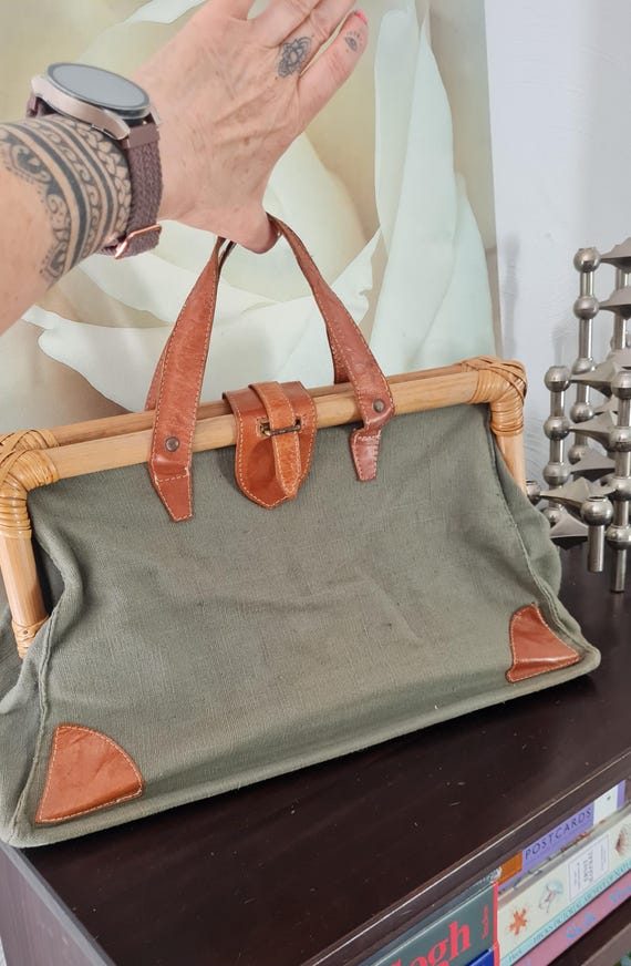 Handtasche Leinen Bambus Leder 70er