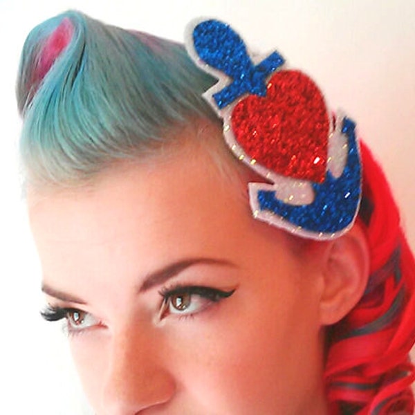 Rockabilly Red and Blue Nautical Anchor Heart Glitter Hair Clip