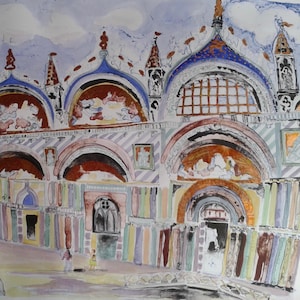 San Marco Piazza Original signed Lithograph, watercolor and gold metal leaf added, 28&quot;X38&quot;