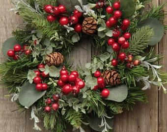 Full Red Berry & Eucalyptus Candle Ring, Door Wreath, centrepiece
