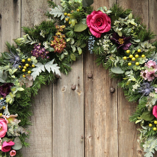 Wine-Toned selection of flowers & Berries Garland, Centrepiece, Mantle Swag, Stairs