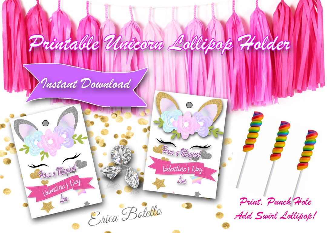 Printable Unicorn Valentine's Printable Valentine's Card Lollipop ...