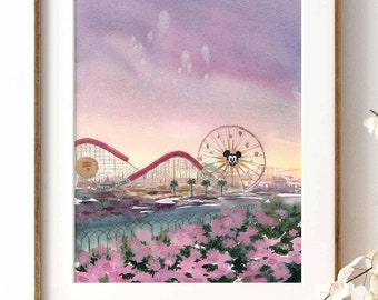 Stampa artistica ad acquerello California Adventure: souvenir del parco Disneyland