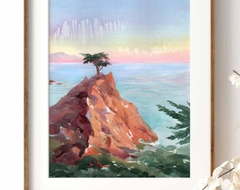 Einsame Zypresse Aquarell Kunstdruck: Südsee