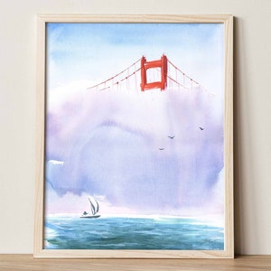 Foggy Golden Gate Bridge, Karl the Fog Watercolor Art Print: San Francisco Travel Poster