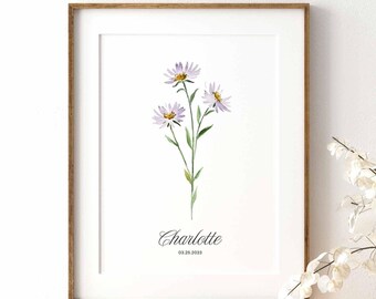 Daisy Birth Flower Print, April Floral Watercolor Art, Personalized Gift