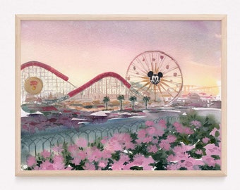 Stampa artistica ad acquerello vintage Disney California Adventures: decorazione per la casa al tramonto a Disneyland, arte murale realizzata da un artista