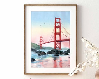 Golden Gate Bridge Wall Art, San Francisco Watercolor Art Print, Hand-Painted Art, California Wall Art, Bay Area Artwork Gift, Travel Poster