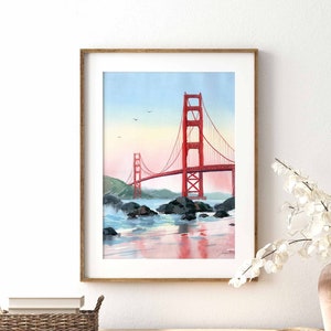 Golden Gate Bridge Wall Art, San Francisco Watercolor Art Print, Hand-Painted Art, California Wall Art, Bay Area Artwork Gift, Travel Poster