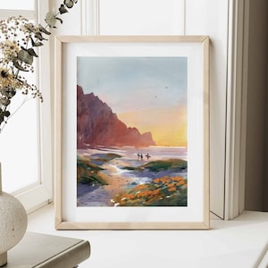 California Beach Watercolor Art Print: Pacific Coast Surfing Painting, Gift for Surfers